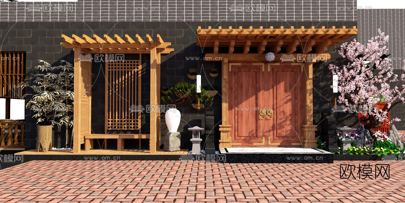 新中式门头庭院景观su模型下载（渲染图1）