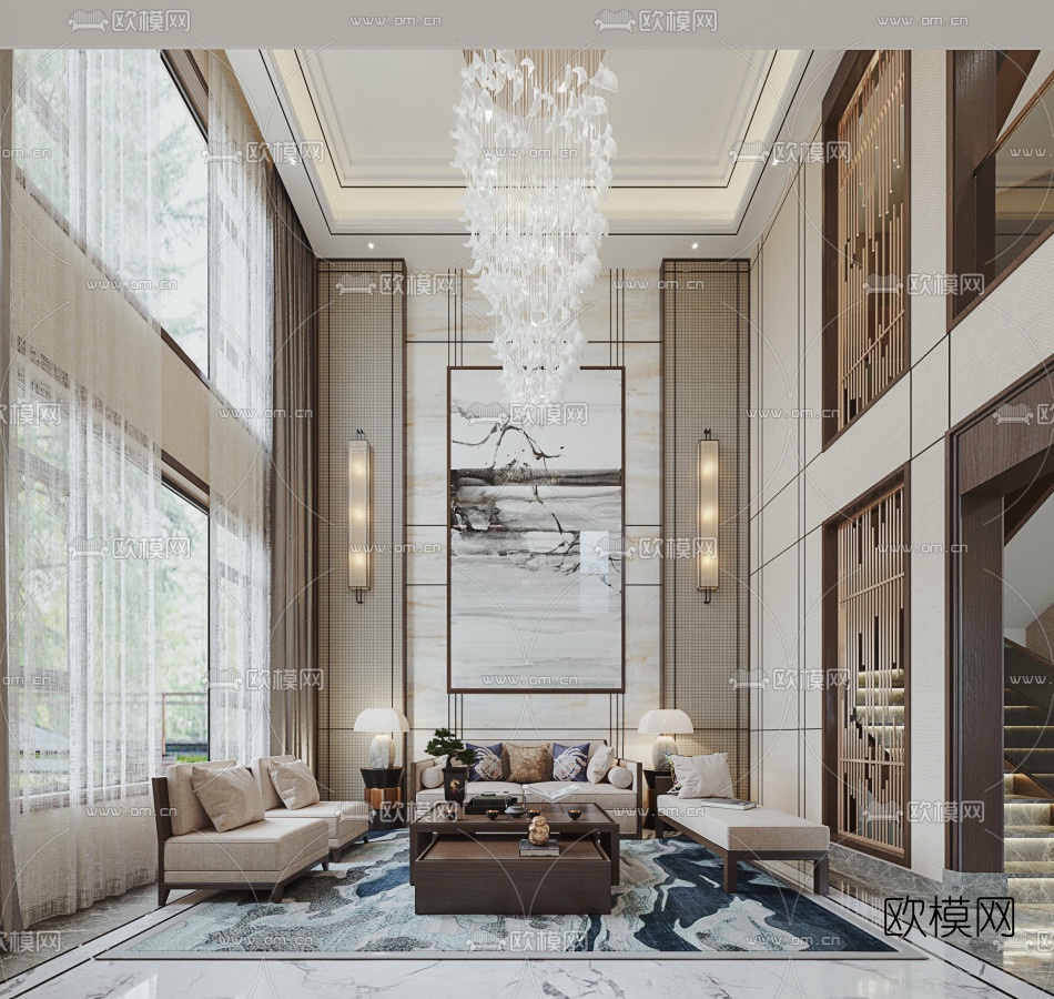 新中式别墅大堂餐厅3d模型-免费3dmax模型库-欧模网