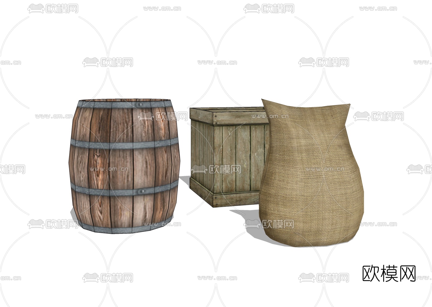 现代箱子桶麻袋组合免费su模型下载
