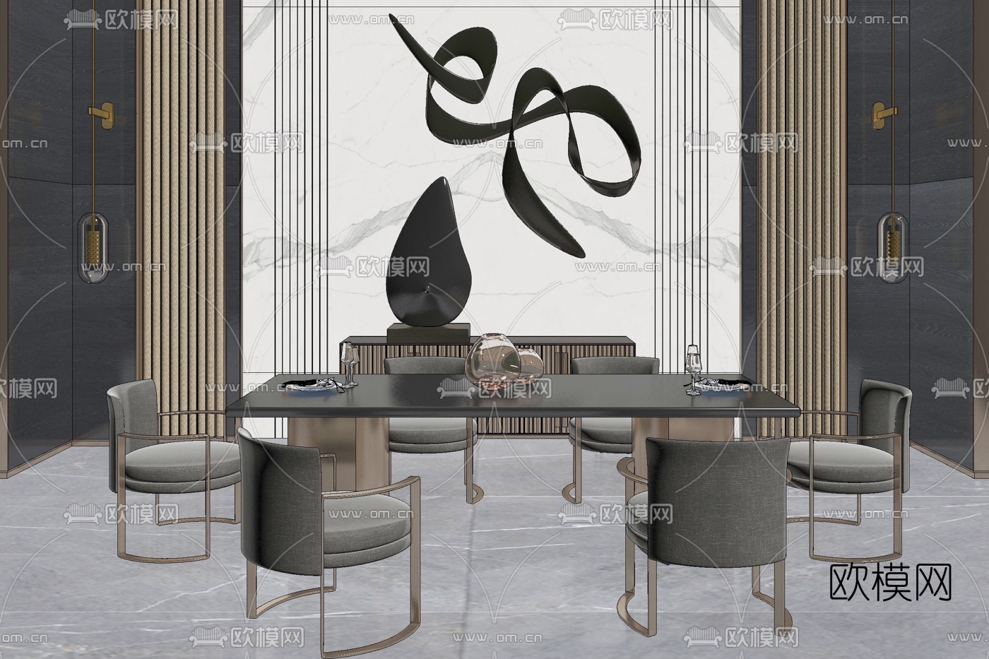 现代轻奢餐桌椅su模型下载（渲染图2）