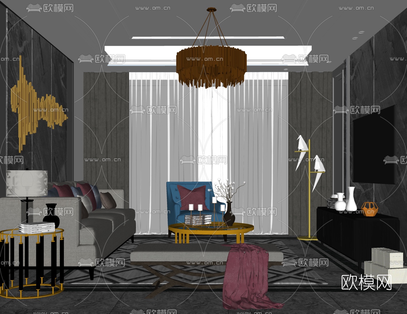 现代轻奢客厅su模型下载