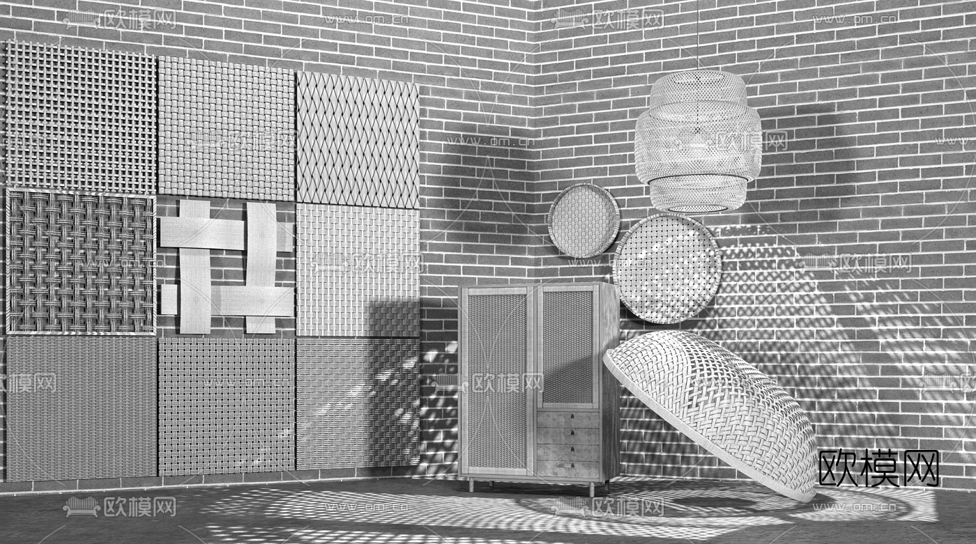 自然风编织篓子吊灯护墙板3d模型下载（渲染图2）