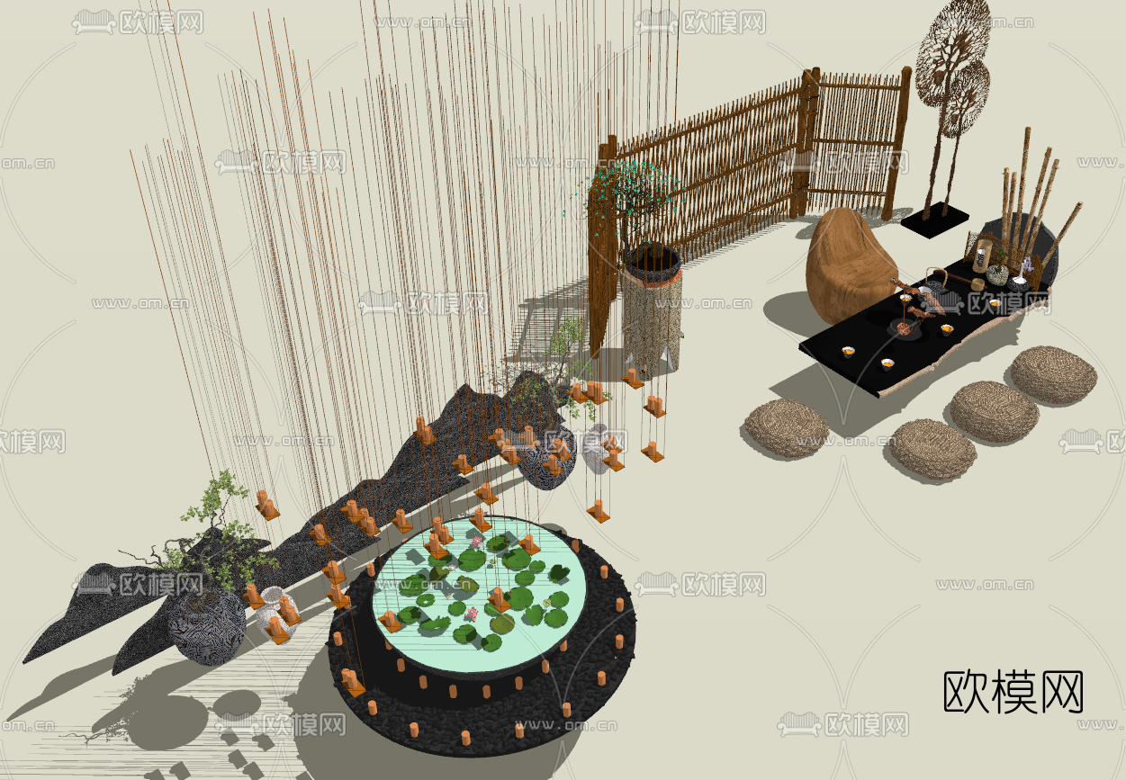 中式室外茶桌椅su模型下载（渲染图3）