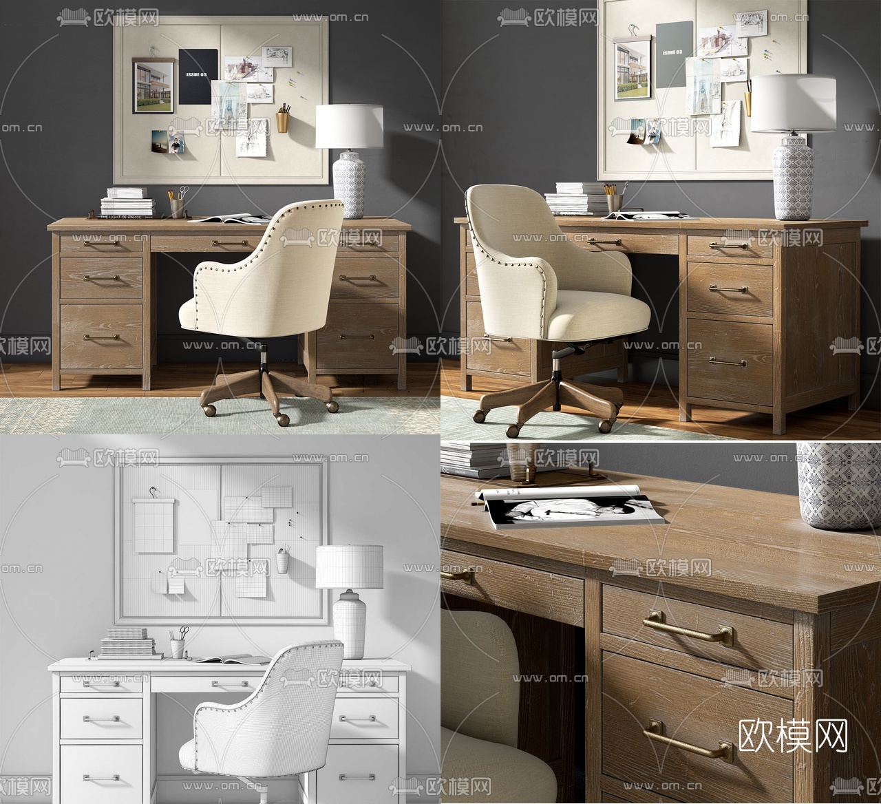 简美实木书桌椅3d模型下载_ID10293216_3dmax免费模型-欧模网