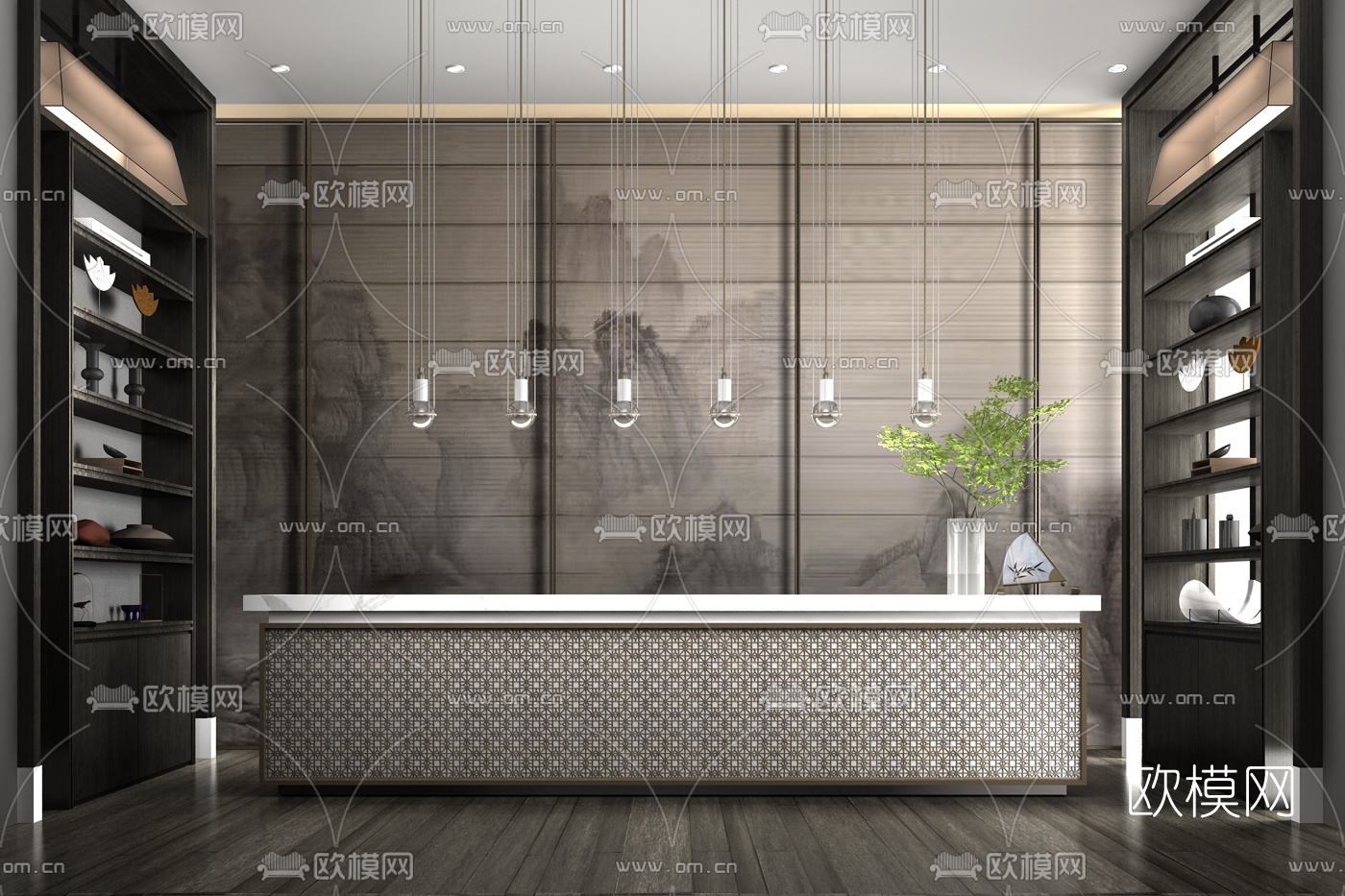 矩阵纵横设计 新中式大理石接待台3d模型