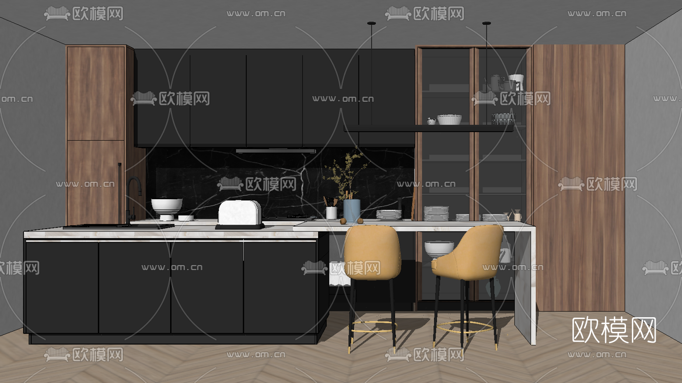 现代开放式厨房su模型下载