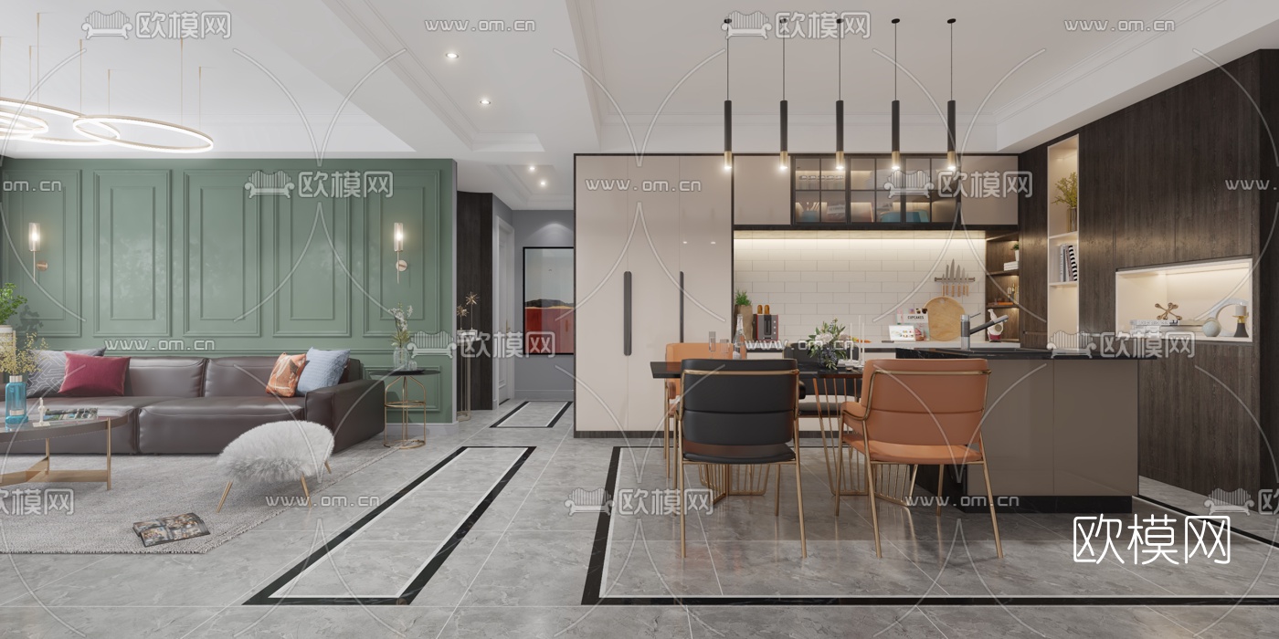后现代客厅餐厅3d模型下载（渲染图2）