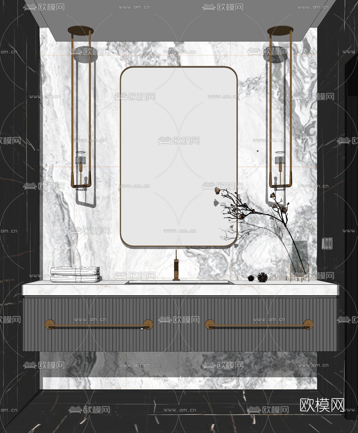 现代轻奢大理石台盆su模型下载