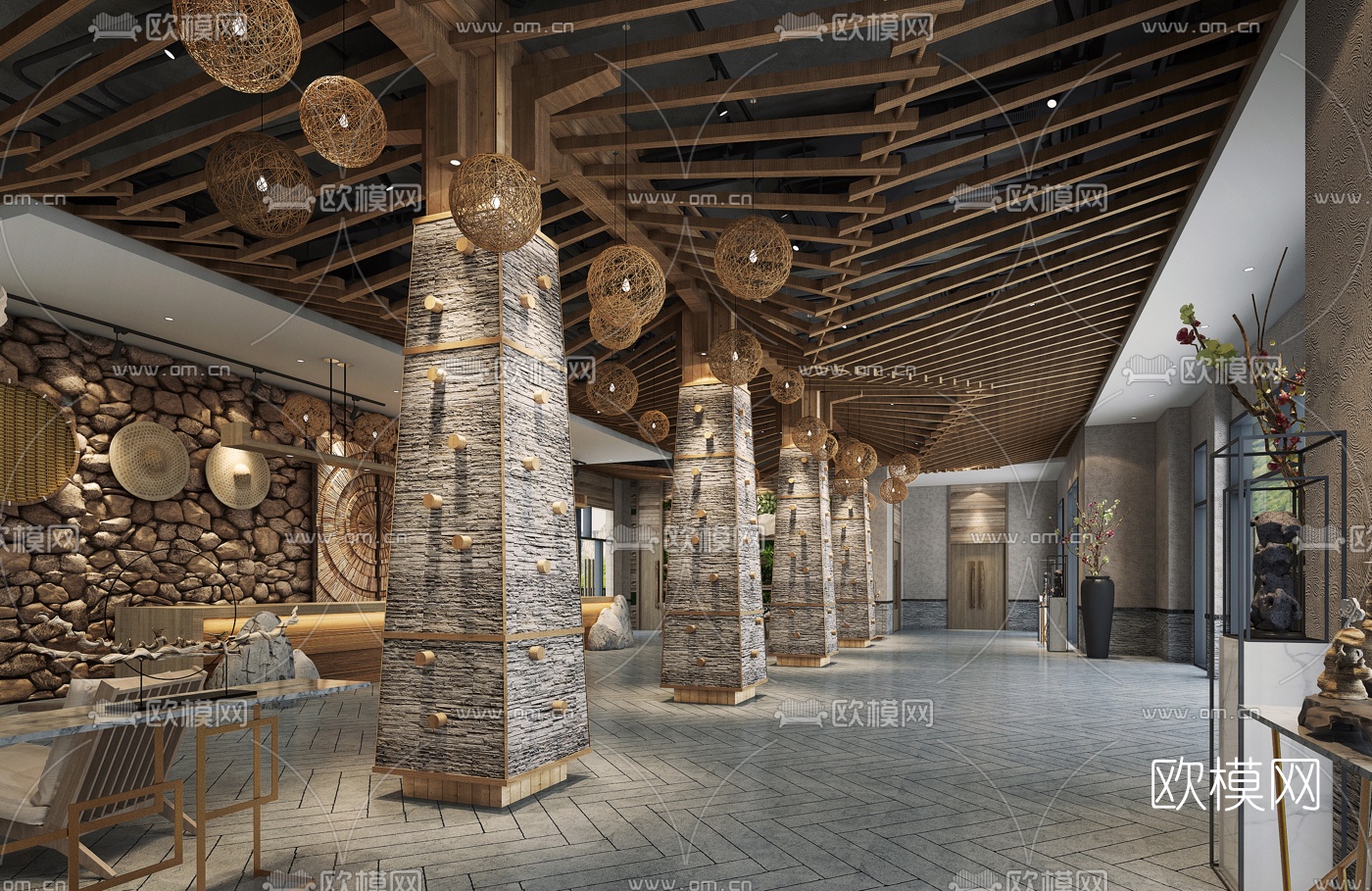 自然风酒店大堂3d模型下载（渲染图2）