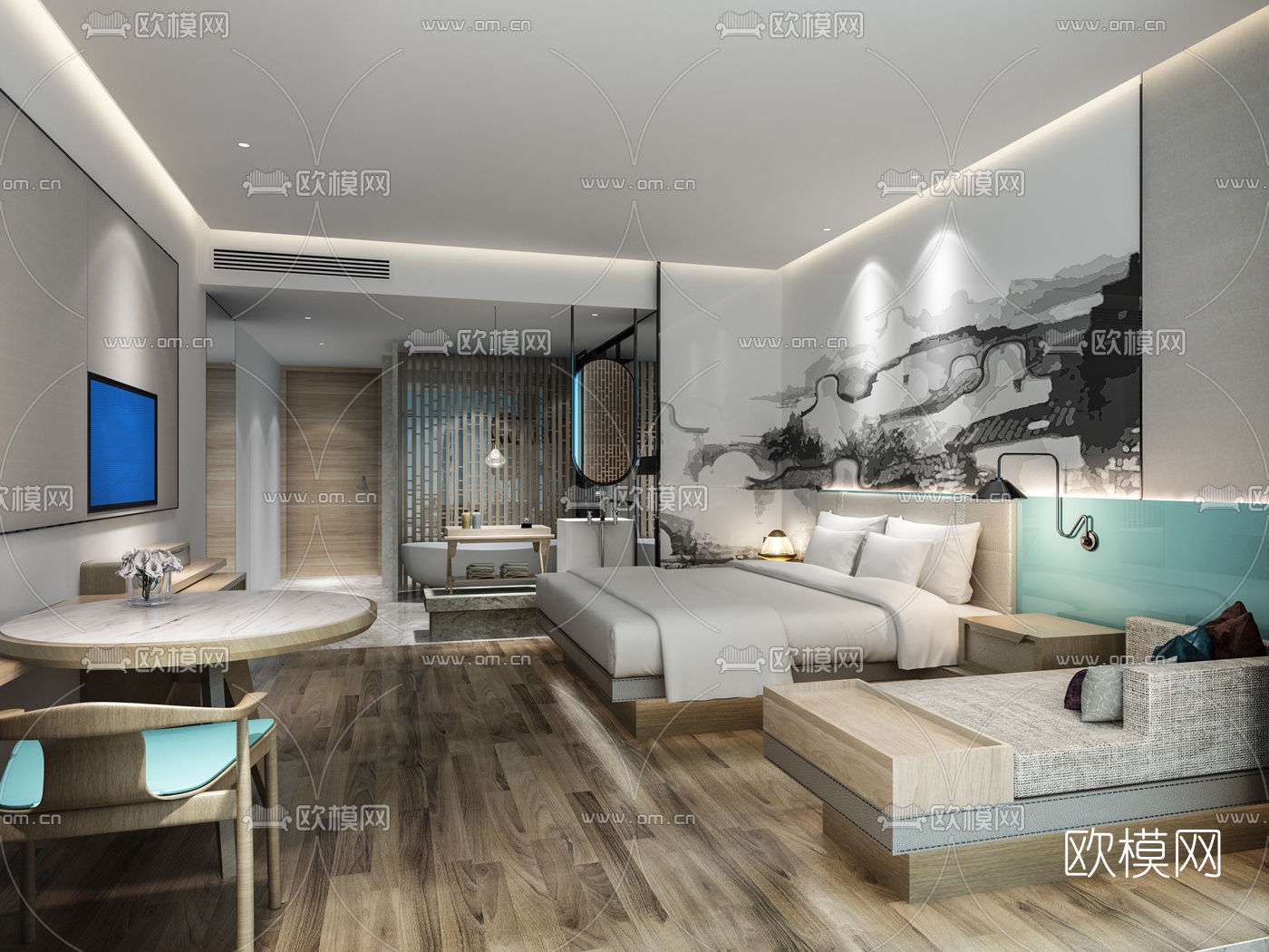 新中式酒店客房双床房3d模型