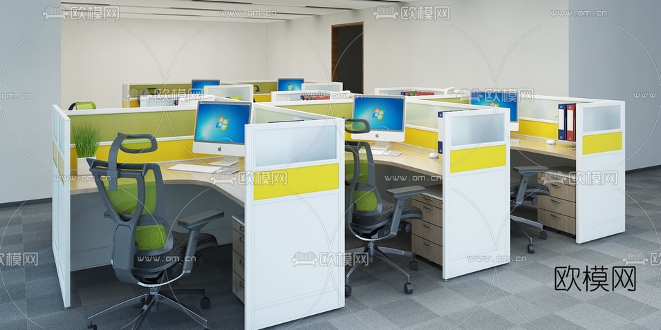 现代屏风卡位办公桌椅3d模型下载(渲染图1)