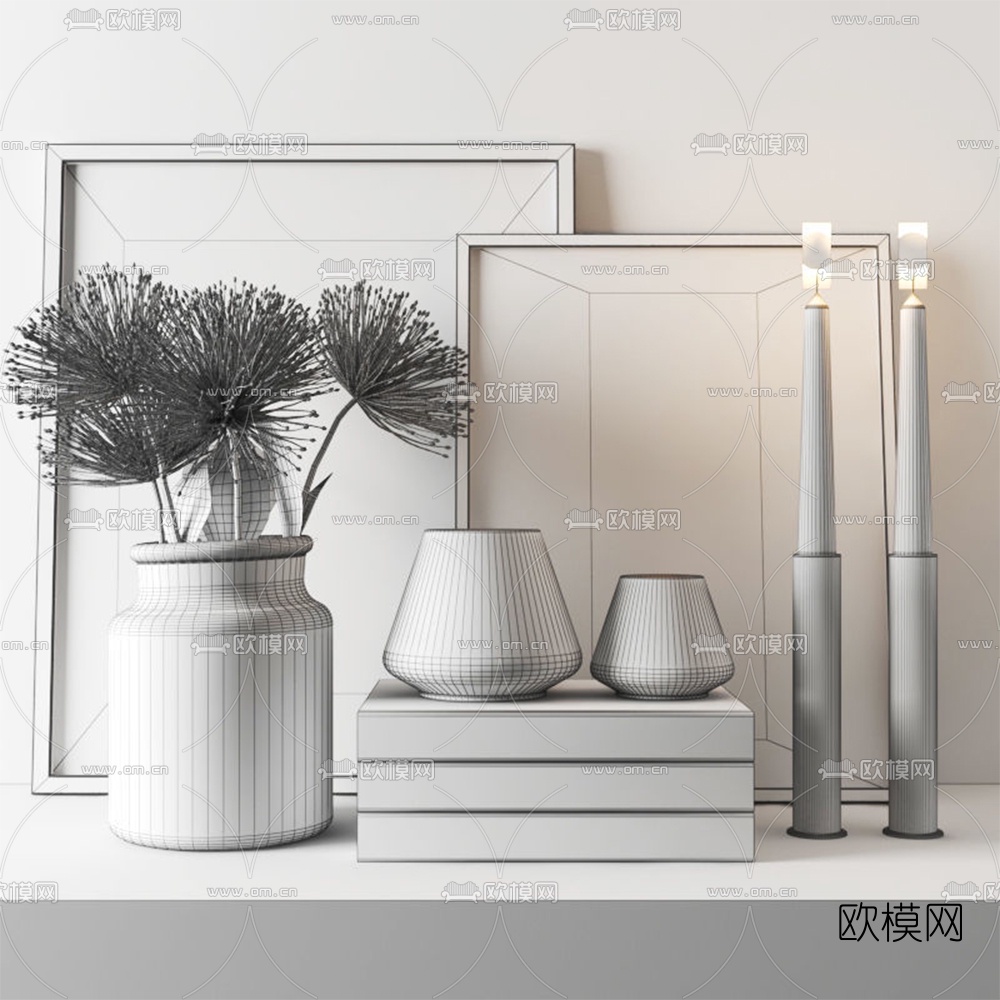 现代花瓶书籍蜡烛台装饰画摆件3d模型