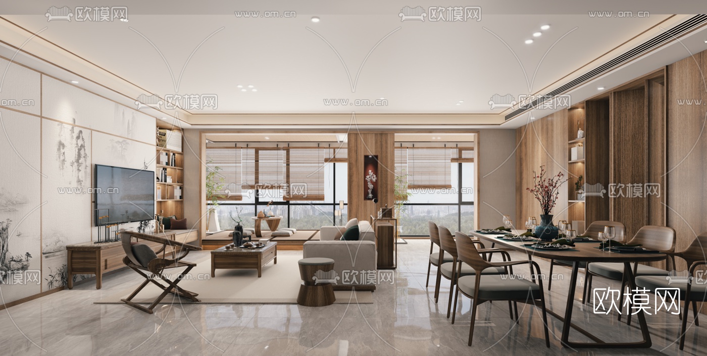 新中式客厅餐厅3d模型