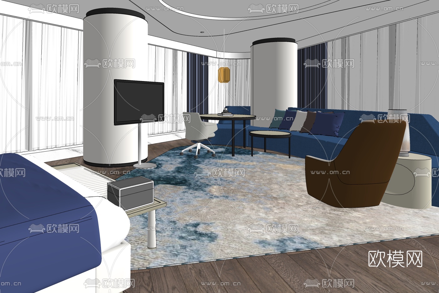 现代酒店客房su模型下载