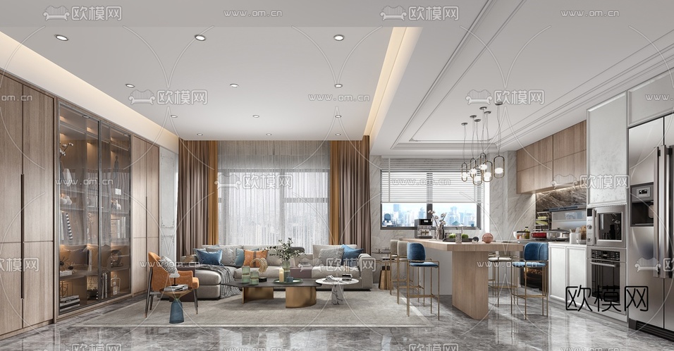 现代轻奢客厅餐厅3d模型下载(渲染图1)