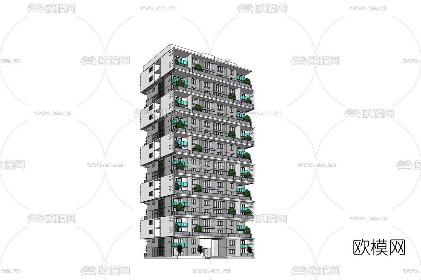 现代高层公寓楼免费su模型下载