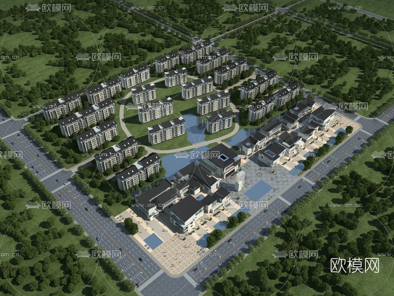 现代住宅小区鸟瞰规划3d模型下载