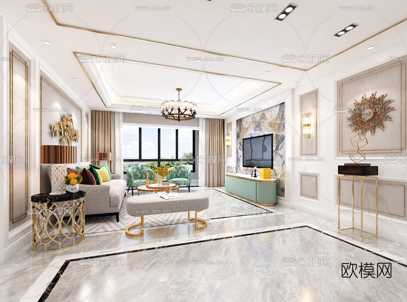 后现代轻奢客厅餐厅免费3d模型