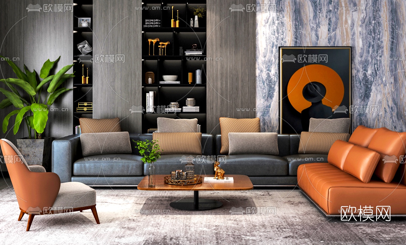 现代轻奢皮革沙发组合3d模型下载