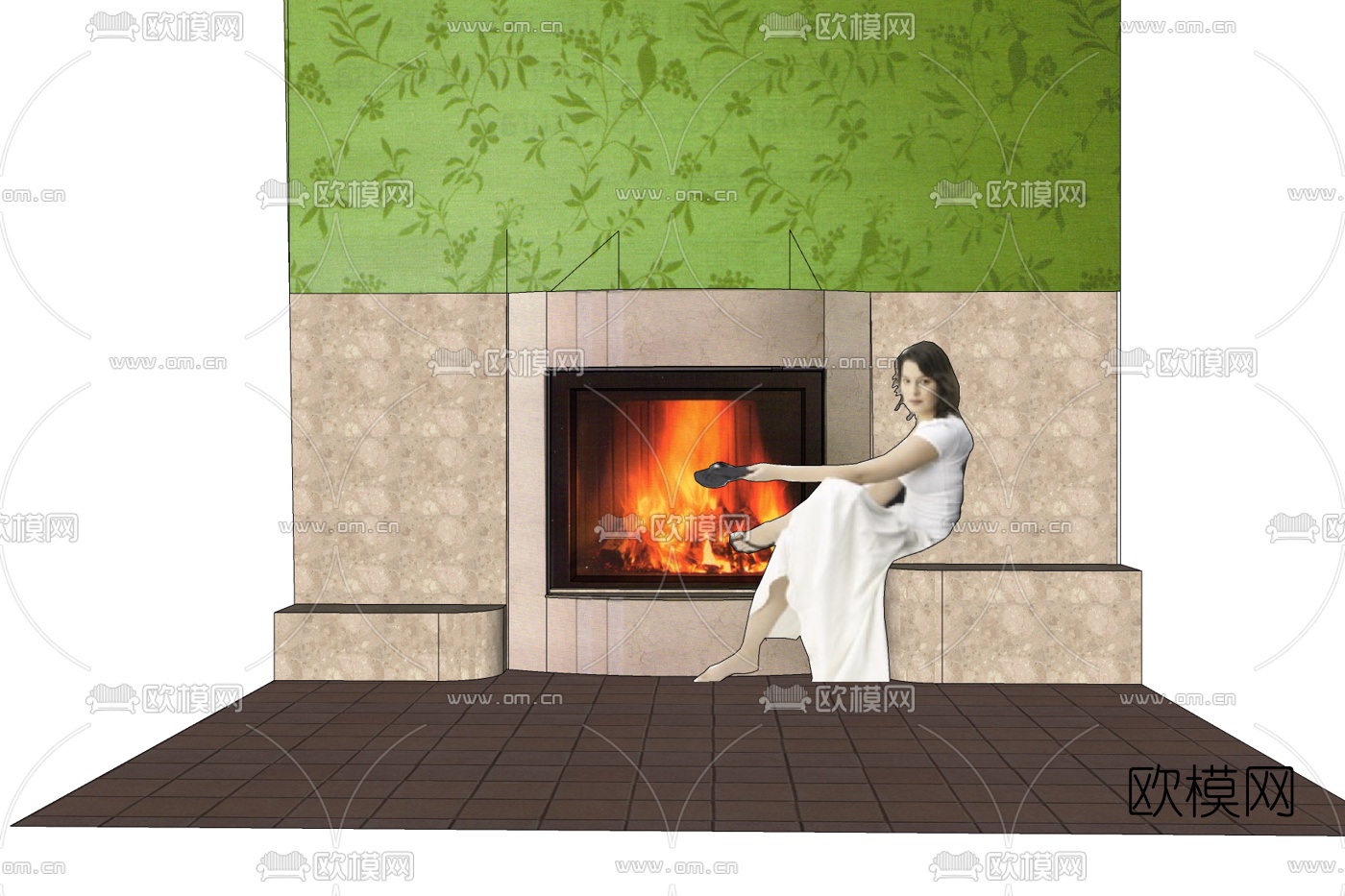 现代绿植背景壁炉免费su模型下载