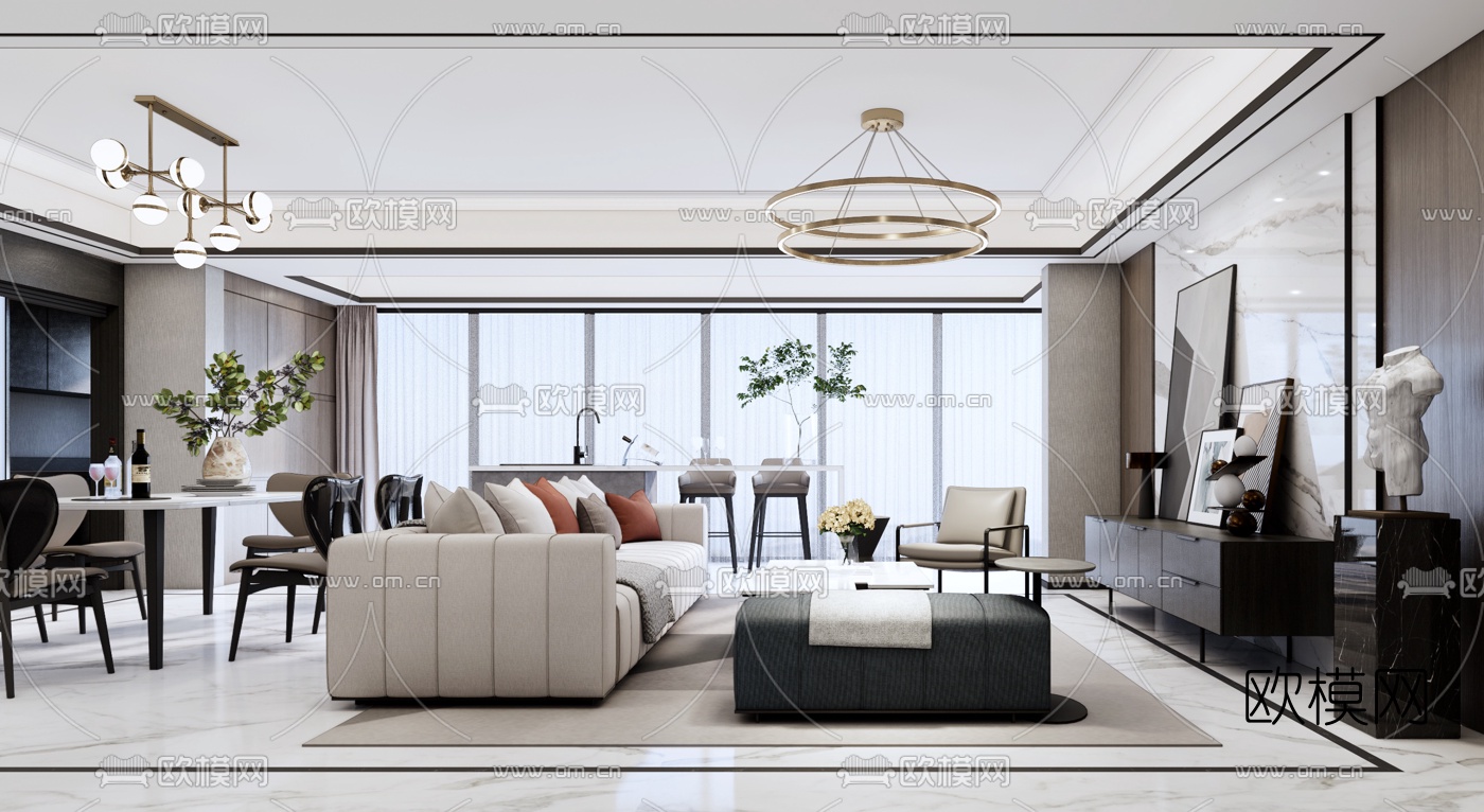 现代轻奢客厅餐厅su模型下载（渲染图1）