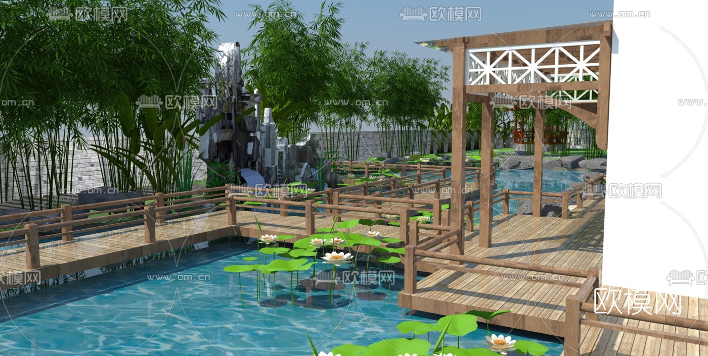 中式庭院景观su模型下载（渲染图2）