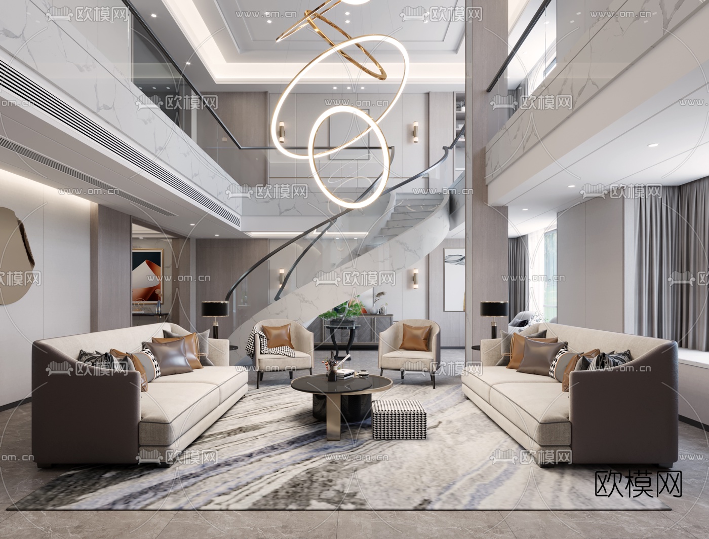 现代轻奢别墅大堂餐厅3d模型-免费3dmax模型库-欧模网