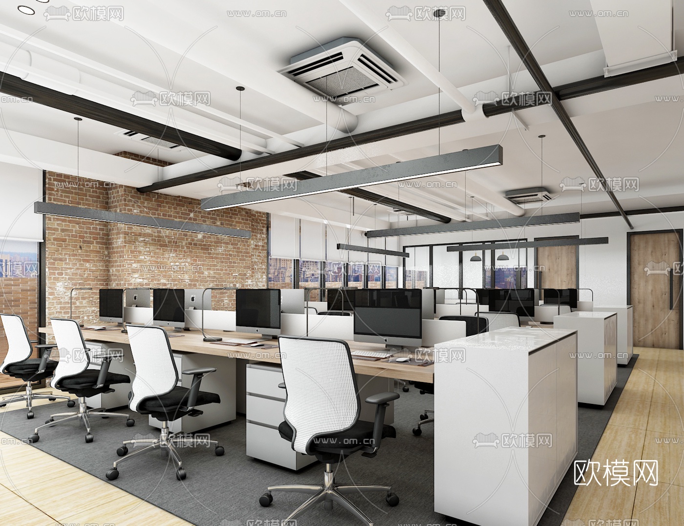 工业风开放式办公区3d模型下载（渲染图2）