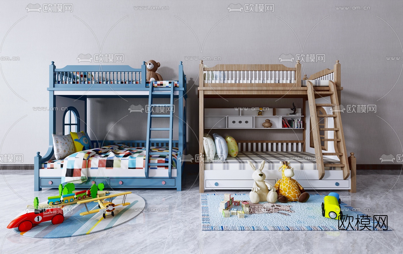 现代实木上下铺儿童床3d模型下载