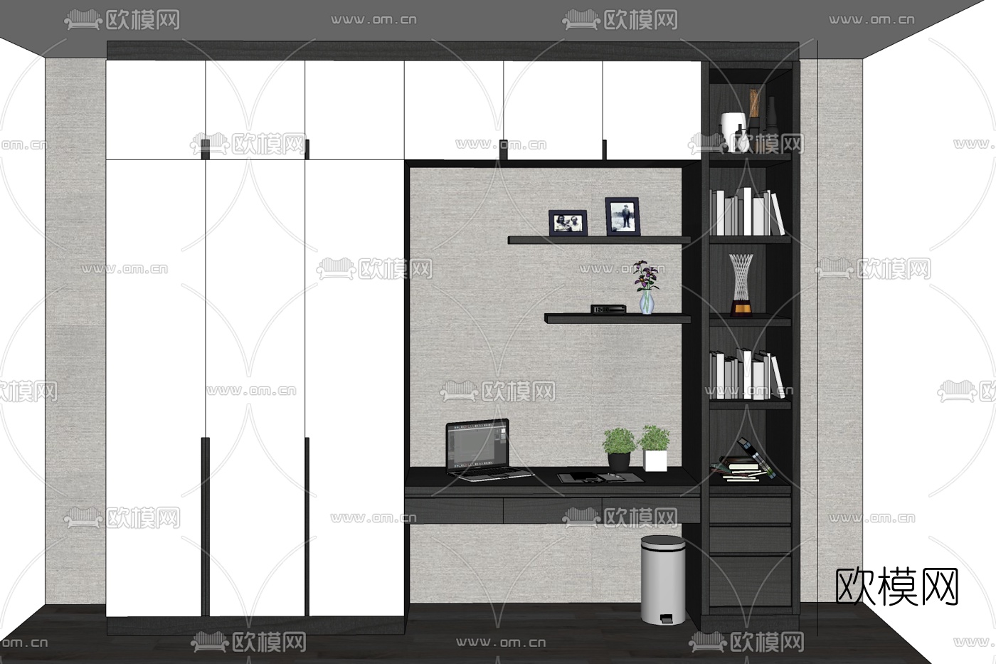 现代实木衣柜书桌组合免费su模型下载