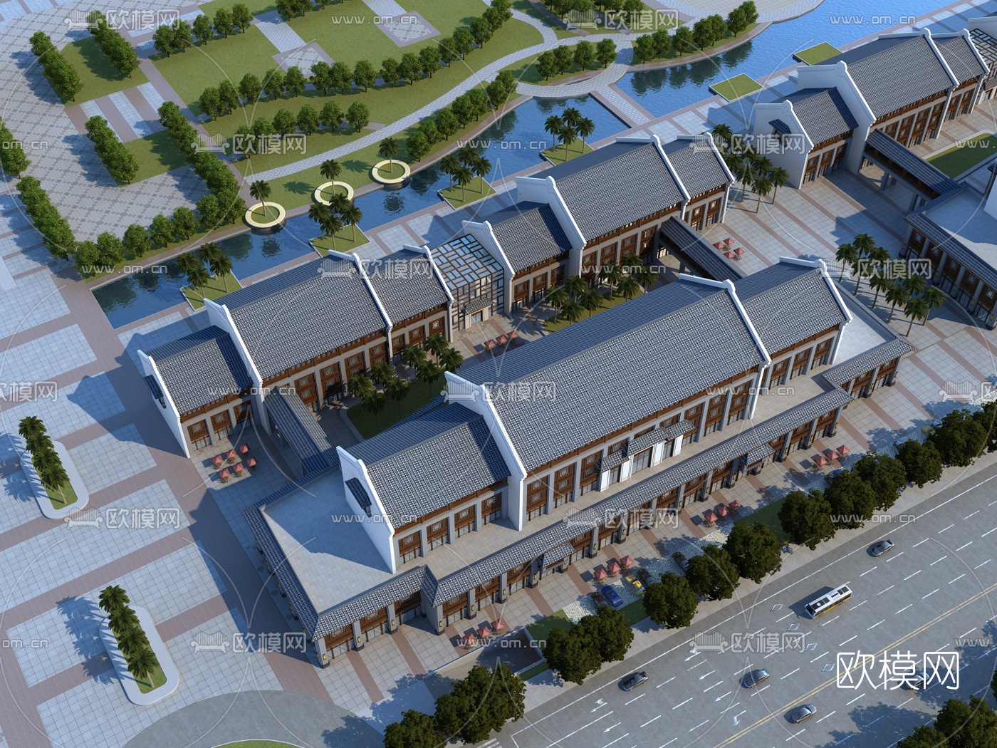 新中式徽派商业街3d模型下载（渲染图1）