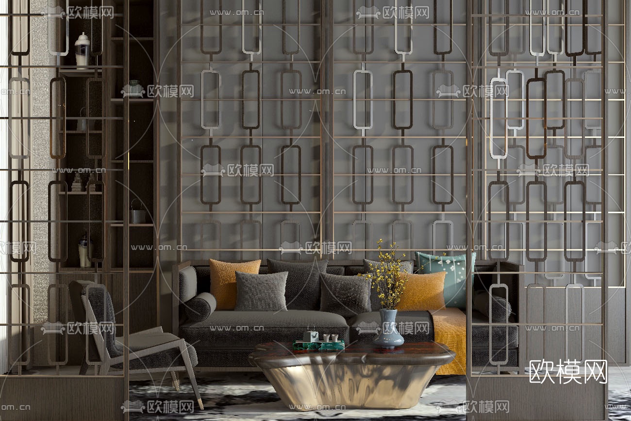 新中式布艺组合沙发su模型下载（渲染图1）