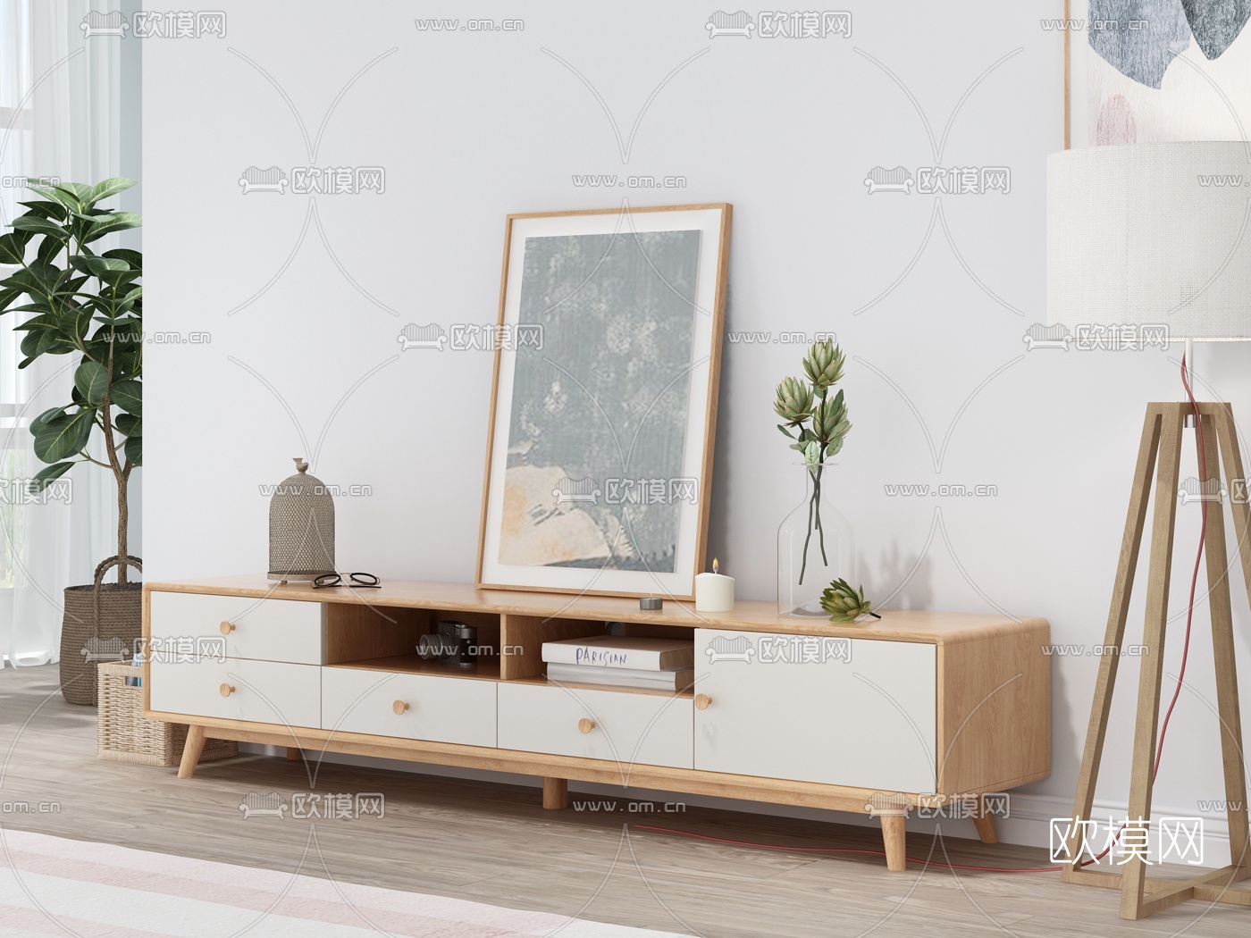 北欧原木电视柜3d模型下载（渲染图2）