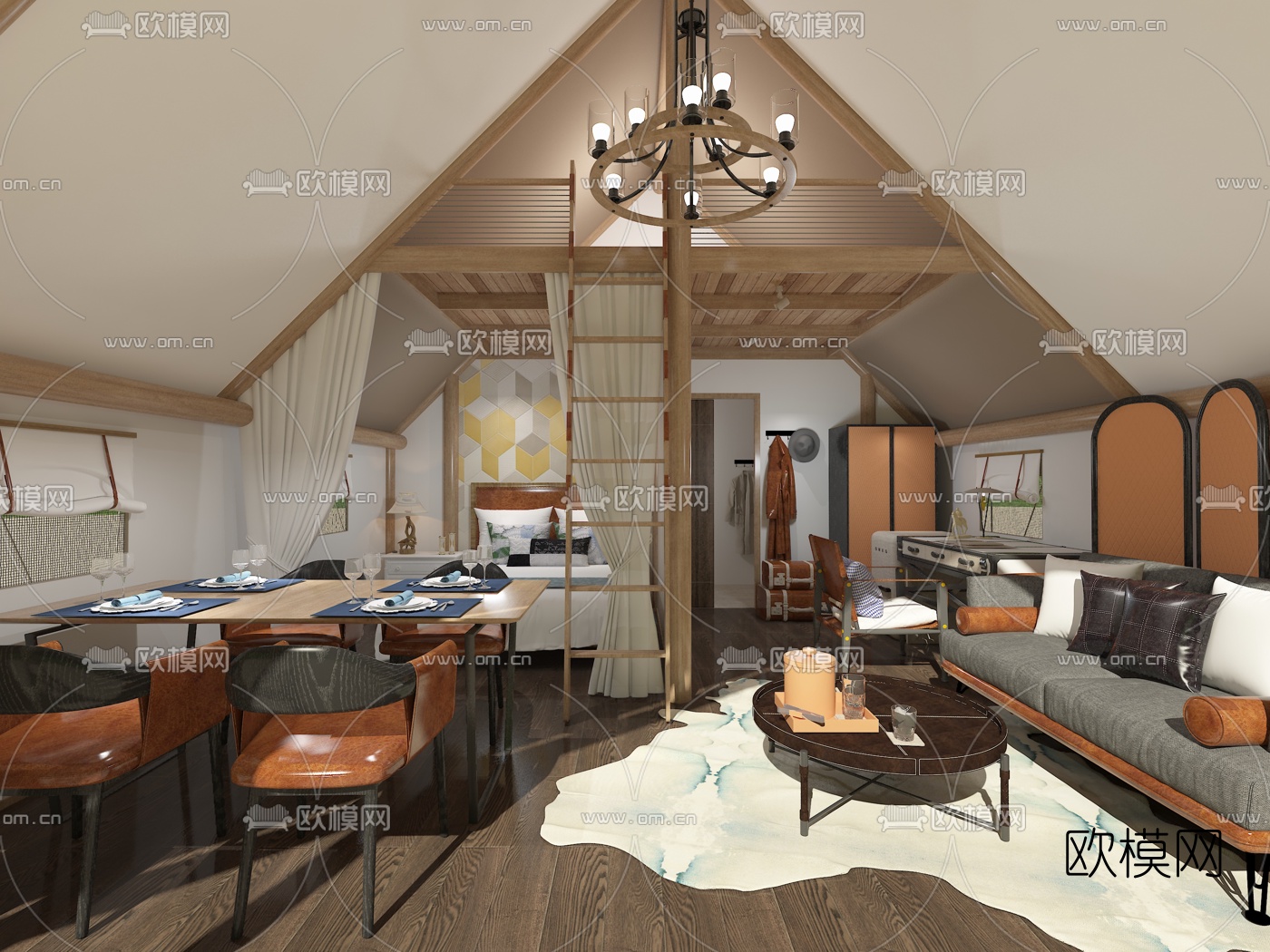 现代民宿客房免费3d模型下载（渲染图1）