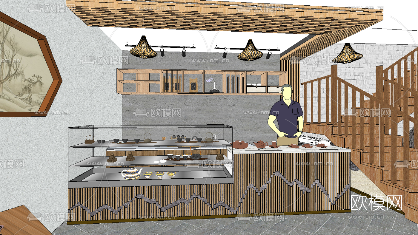 新中式西餐厅su模型下载（渲染图1）