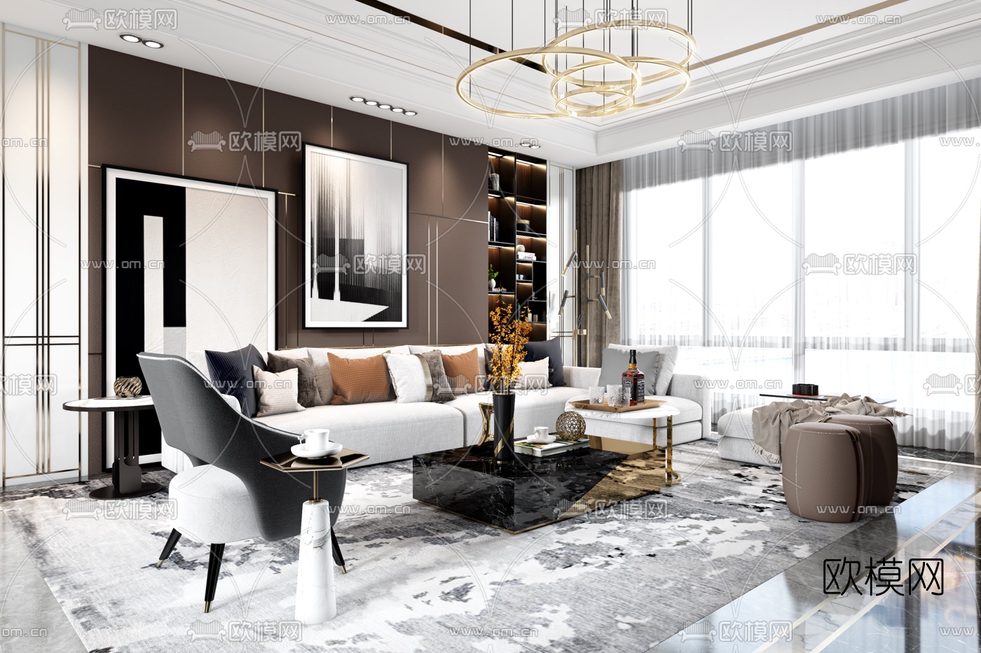 现代轻奢客厅3d模型下载（渲染图2）