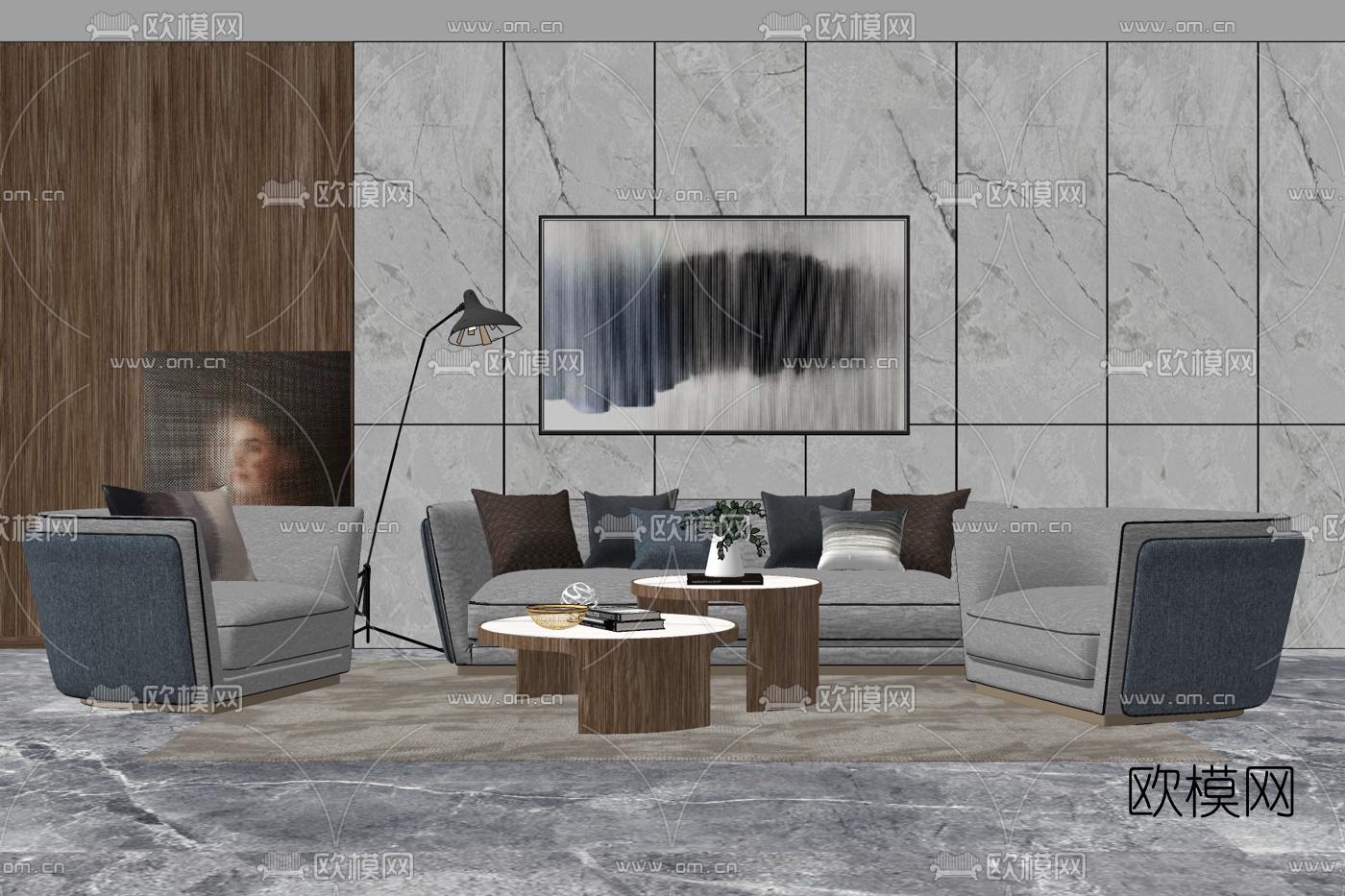 现代布艺组合沙发免费su模型下载