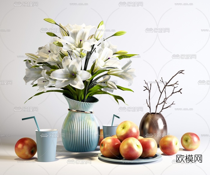 现代花瓶苹果摆件3d模型下载(渲染图1)
