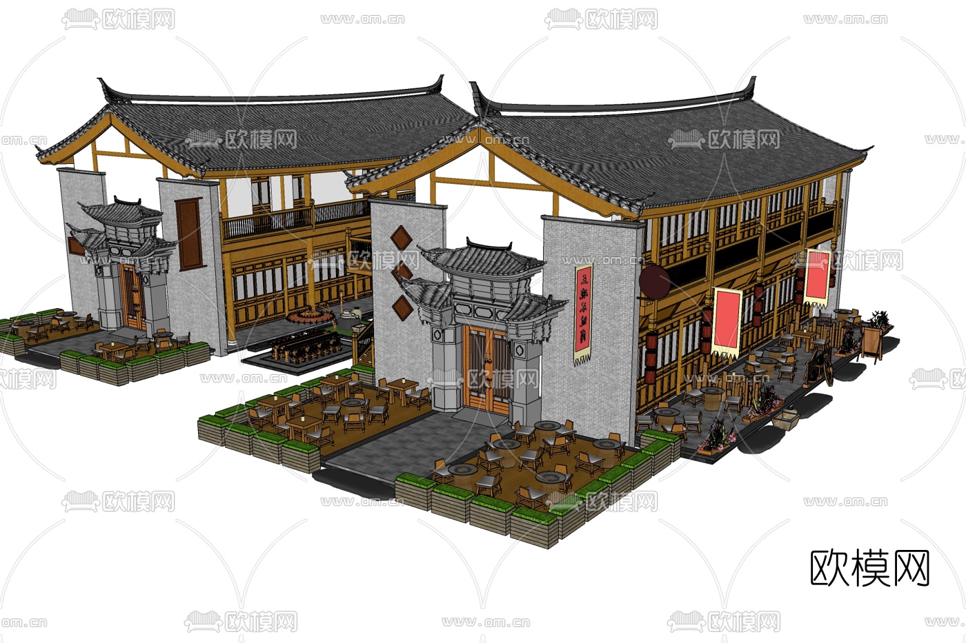 中式古建客栈免费su模型下载