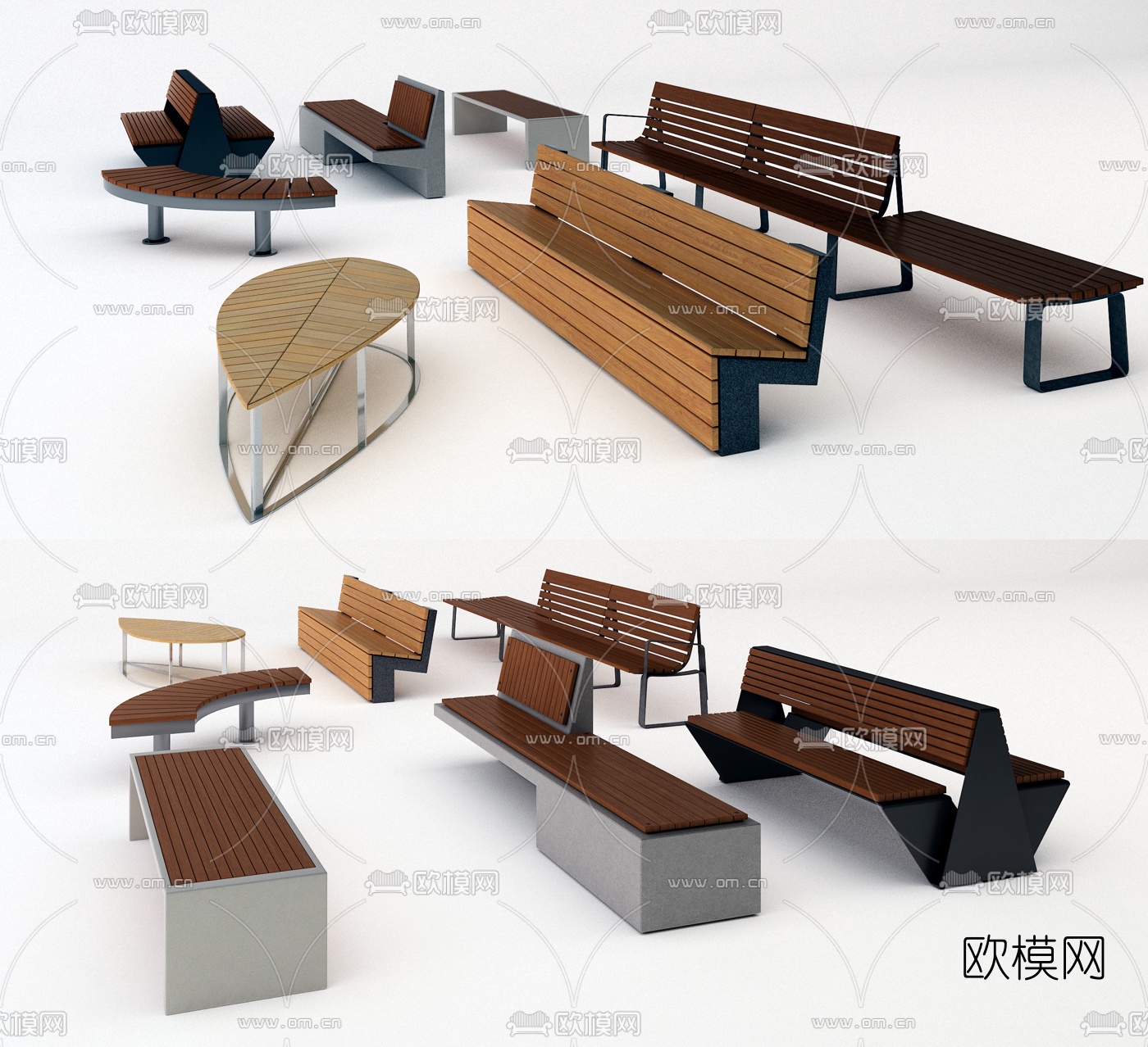 现代实木户外公用椅3d模型