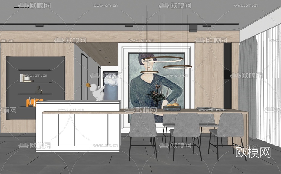现代轻奢餐厅su模型下载(渲染图2)