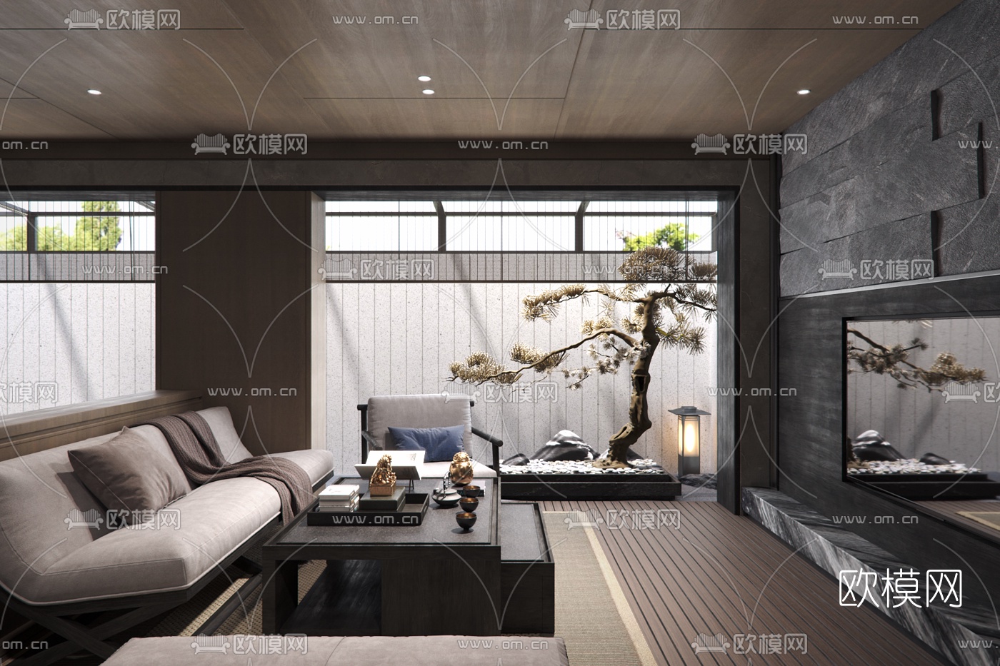 新中式地下室健身房休闲室3d模型下载（渲染图2）