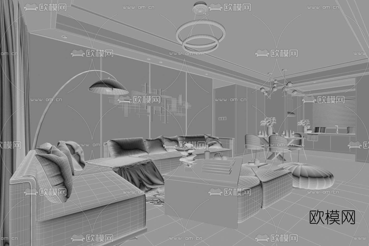 邸设设计 现代轻奢客厅餐厅3d模型