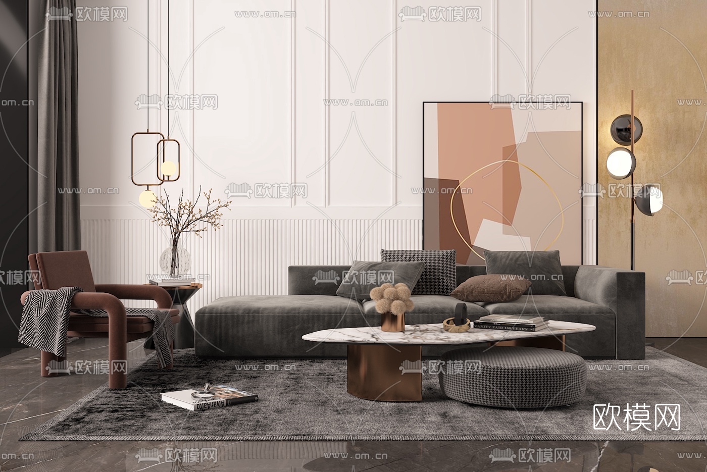 现代布艺多人沙发3d模型-免费3dmax模型库-欧模网
