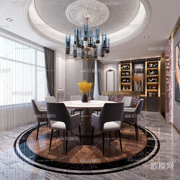 简欧轻奢客厅餐厅3d模型下载(渲染图4)