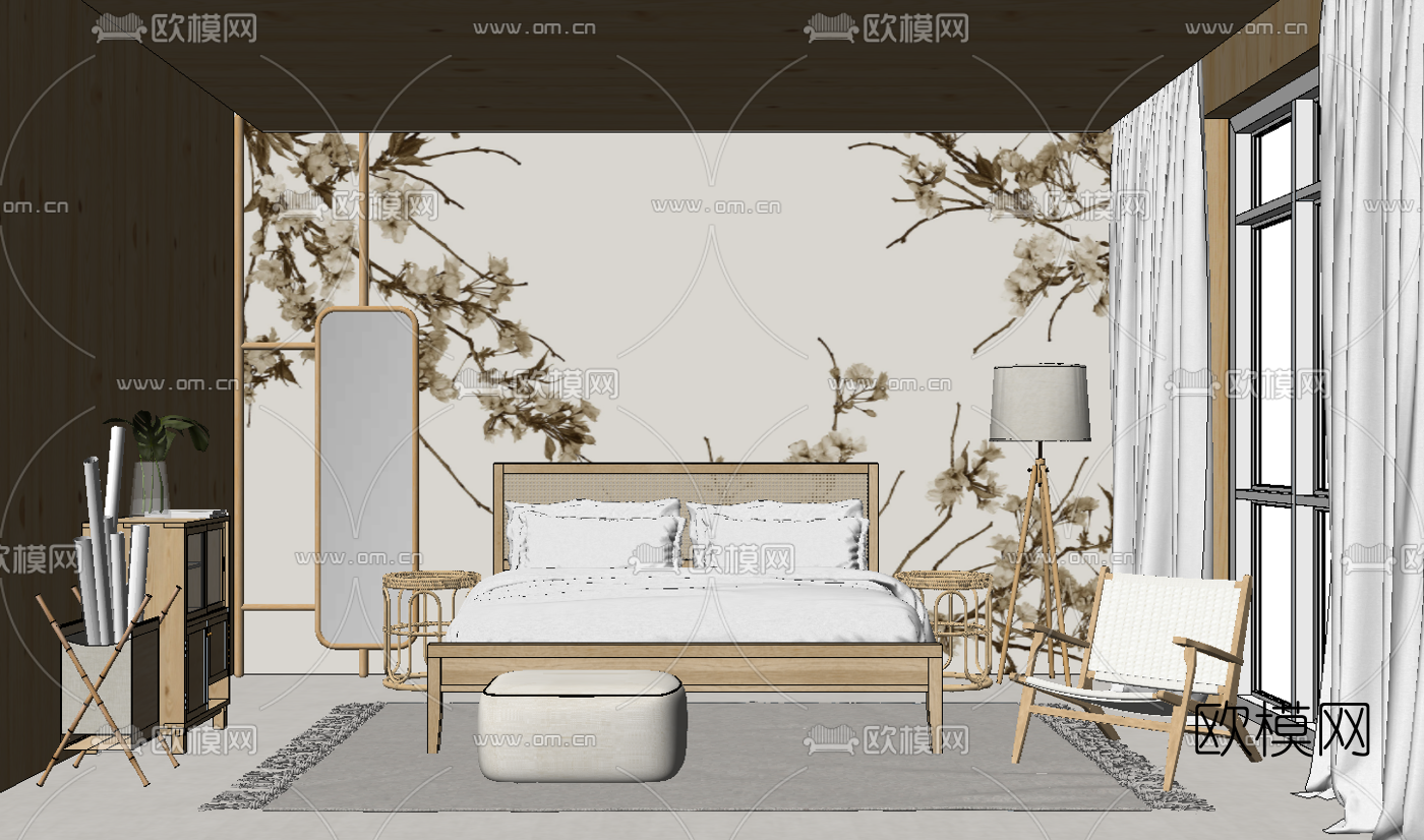 新中式实木双人床su模型下载