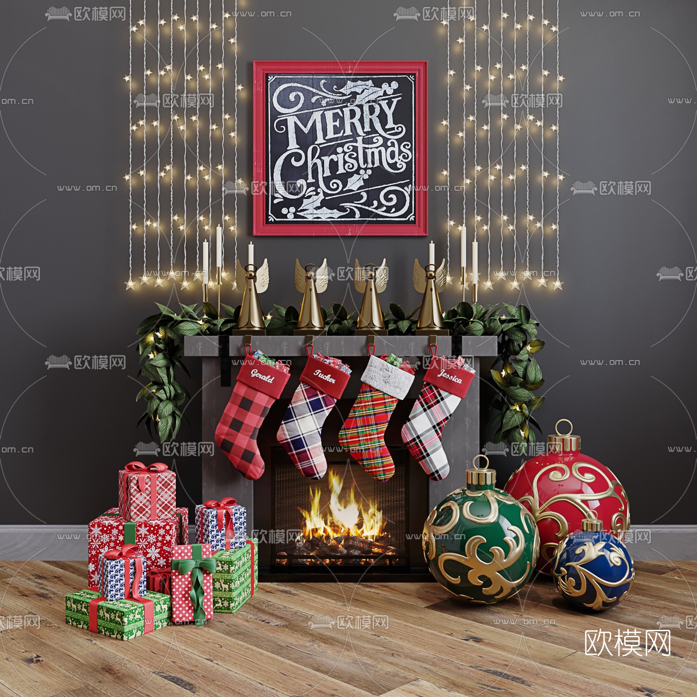 北欧圣诞壁炉3d模型下载（渲染图2）