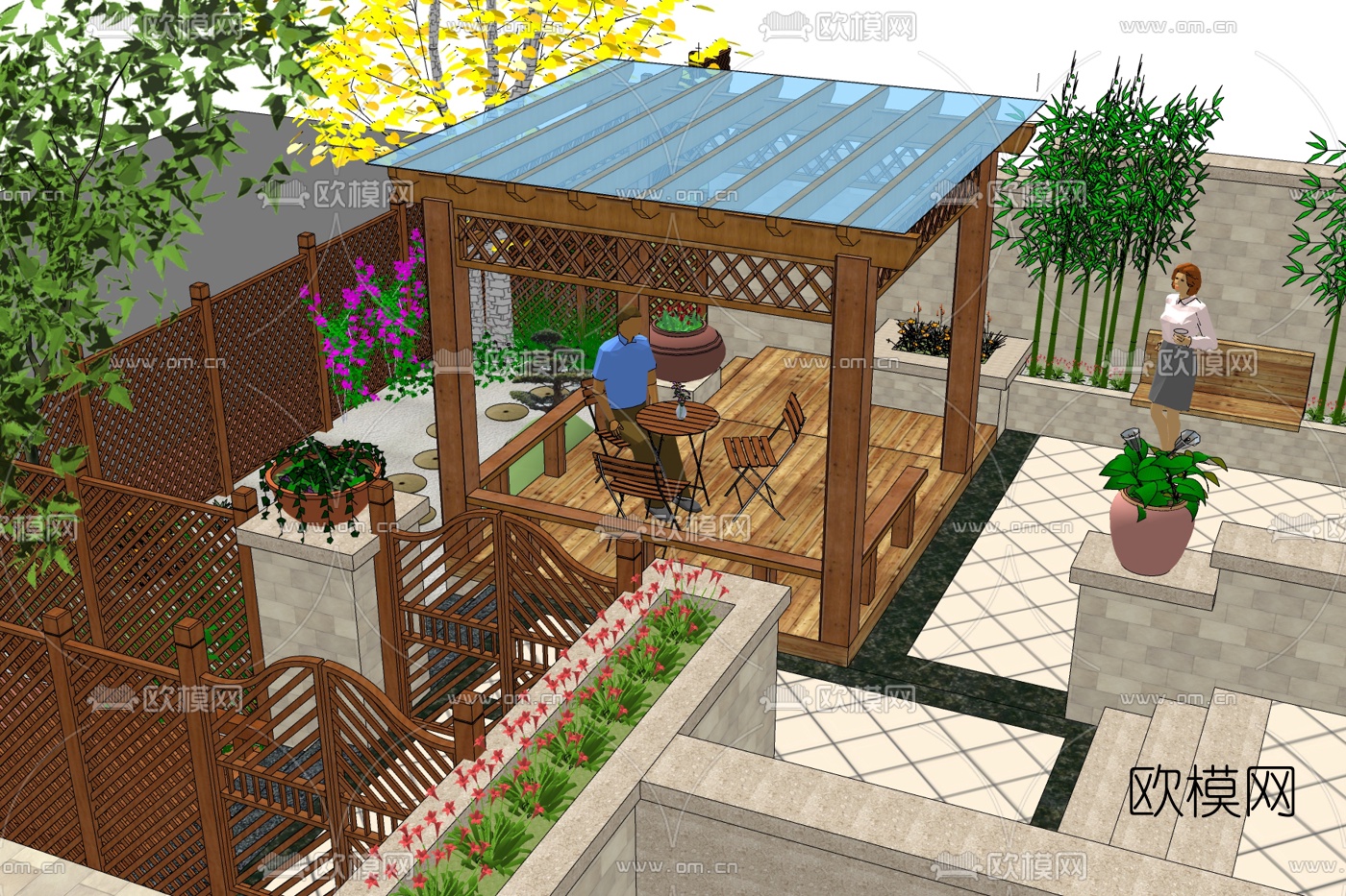 中式阳台花园免费su模型下载