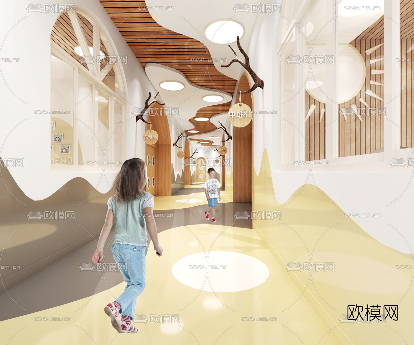 现代幼儿园走廊过道3d模型