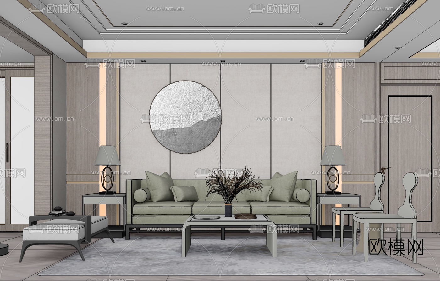 新中式客厅su模型